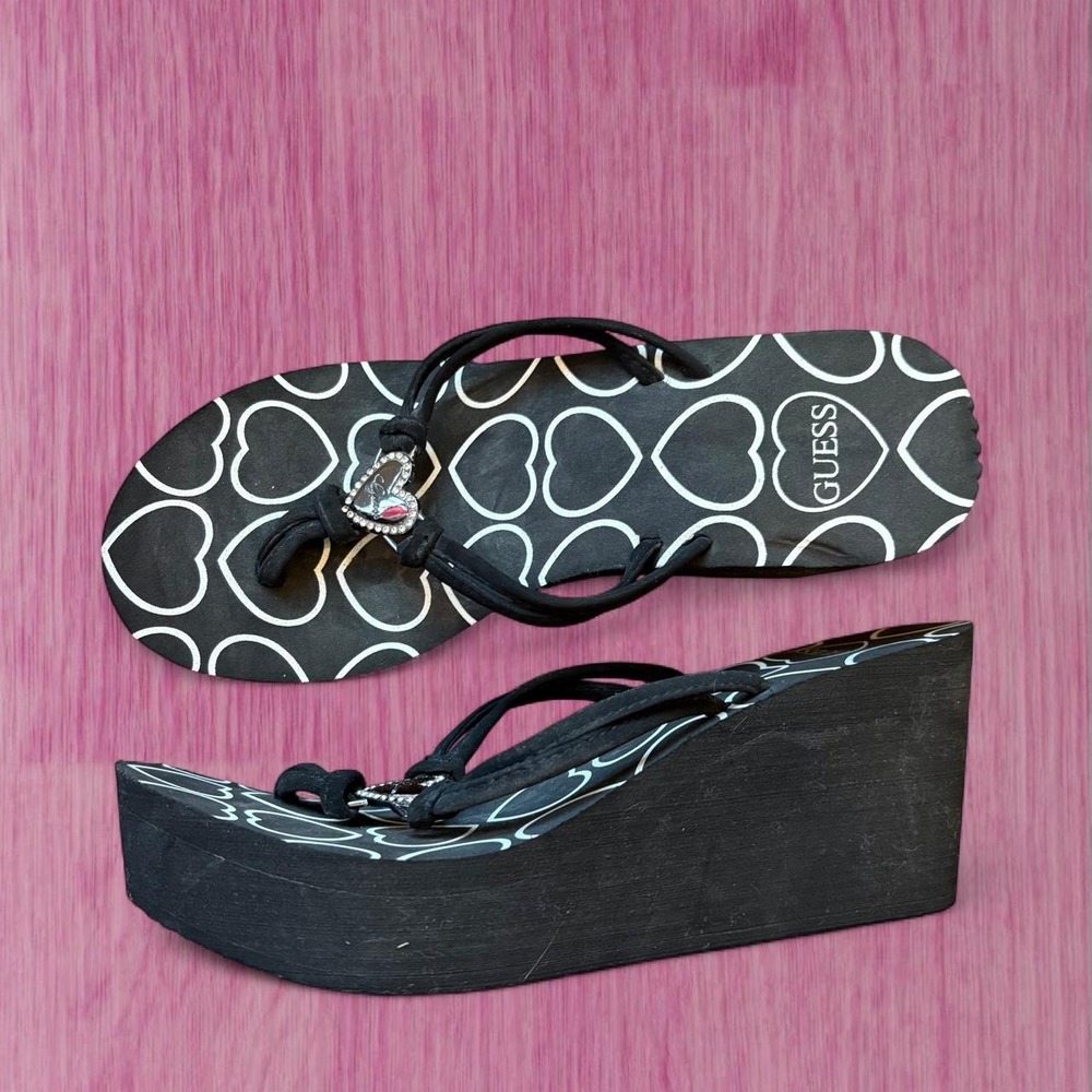 guess 2000s heart rhinestone wedge sandals